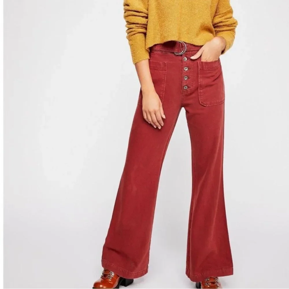 Free People Corin Mod Red Wine Slim Flare Pants Women's Size 0
